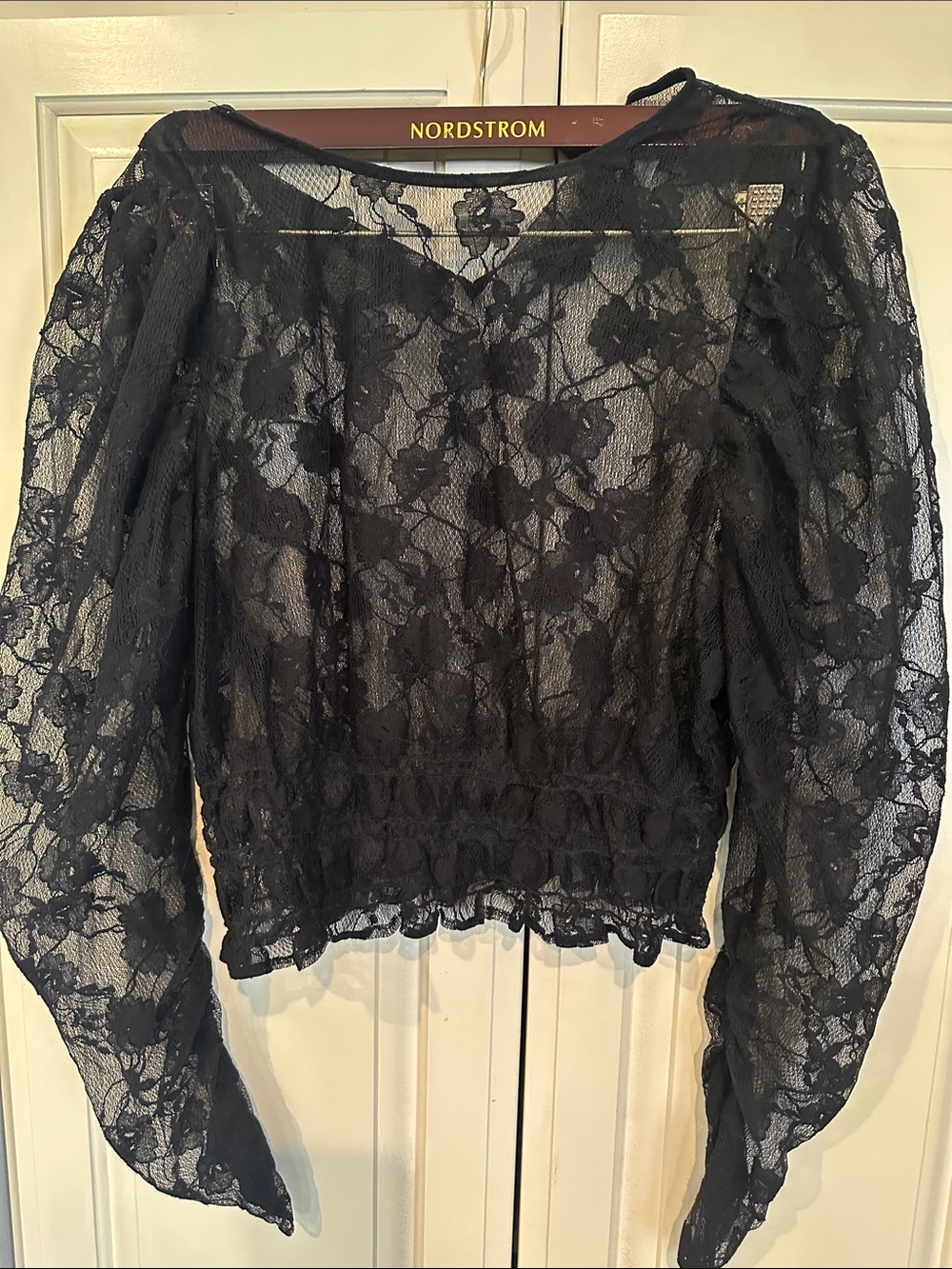 Divided Black Floral Lace Long-Sleeve Sheer Blouse